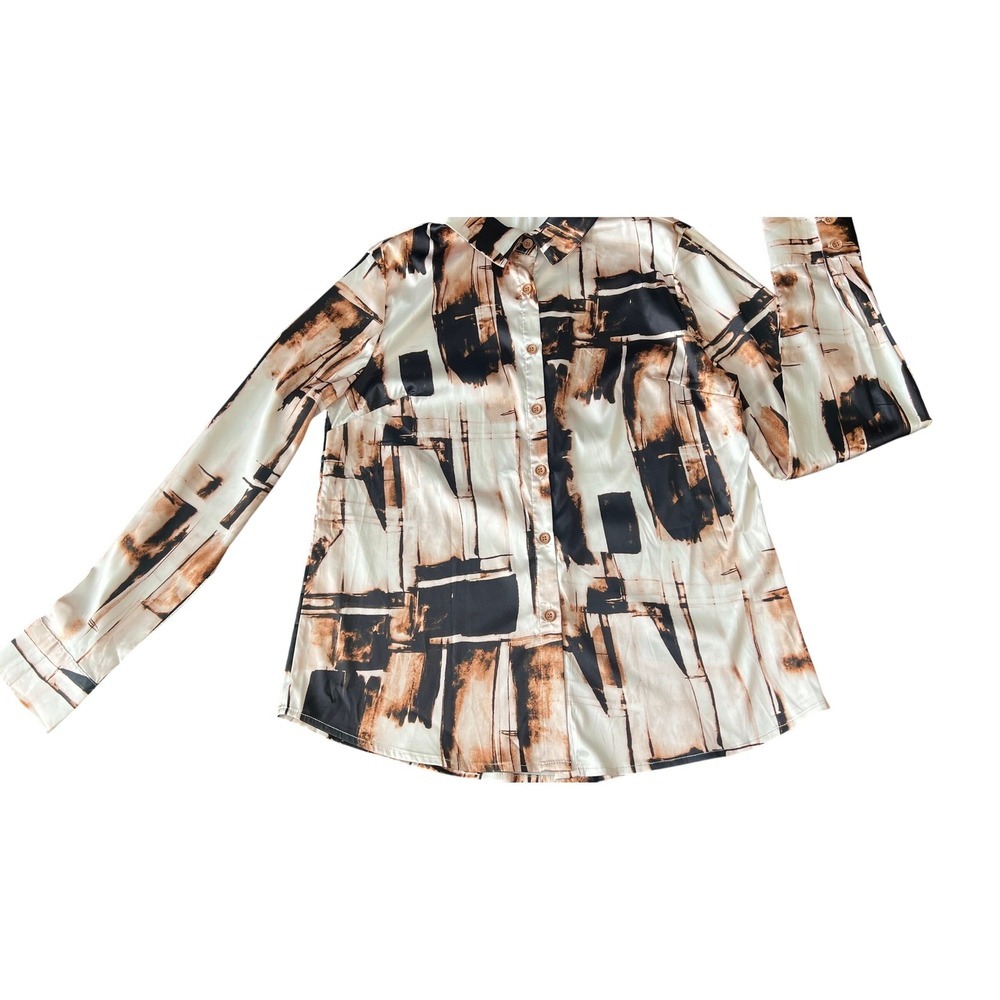 Goodtimeusa Women Abstract Print Button Down Shirt Satin Brown Black M (1124)